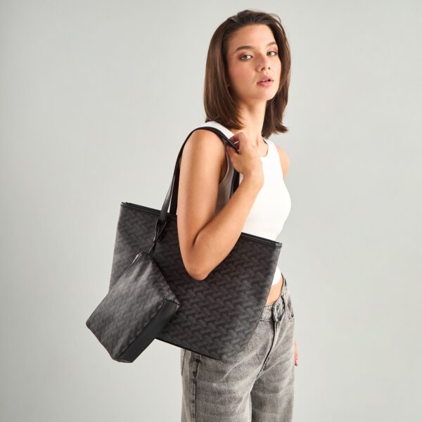 Geometric Print Tote Bag with Pouch