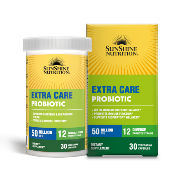 Sunshine Nutrition Extra Care Probiotic 50 Billion, Advanced Digestive and Immune Support, 30 V-Capsules